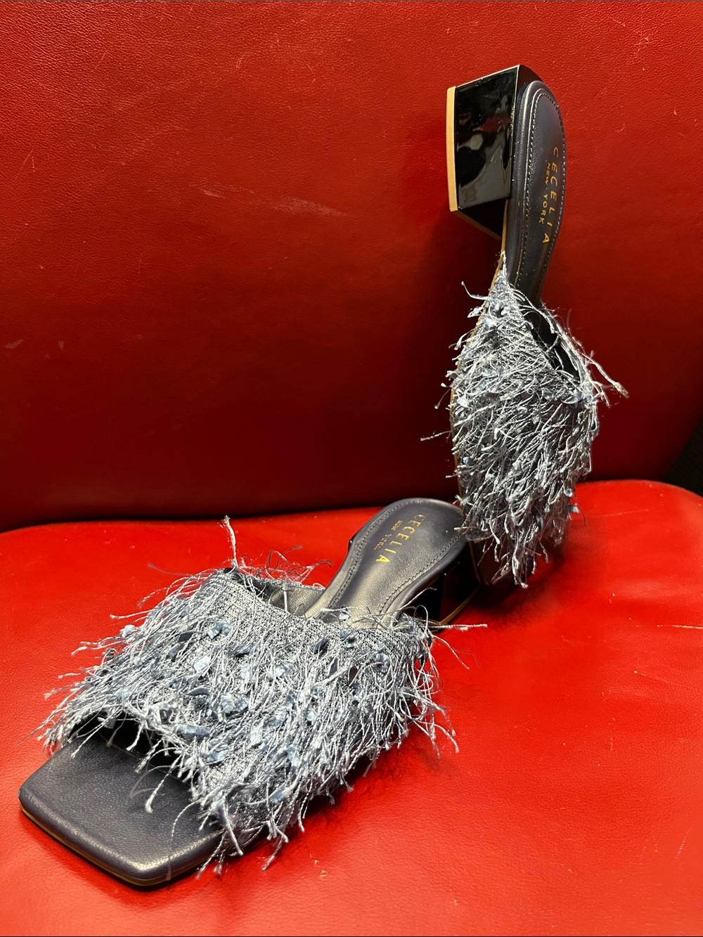 CECILIA NEW YORK Silver Fringe Open-Toe Mules